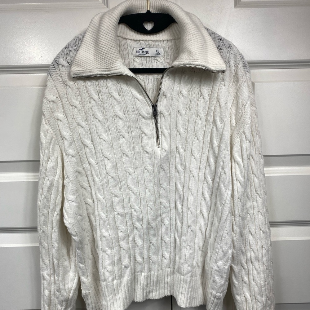 Cable Knit Sweater Oversized Preppy Quarter Zip XS Extra Small White Woman’s
